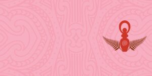 A Maori tribal design in red with the Red Tent Aoteroa image with ferns.
